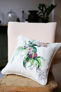 ORCHID LINEN SUSTAINABLE PASSION FRUIT FLOWERS IVORY GROUND COLOUR BRIGHT AND VIBRANT COLOUR