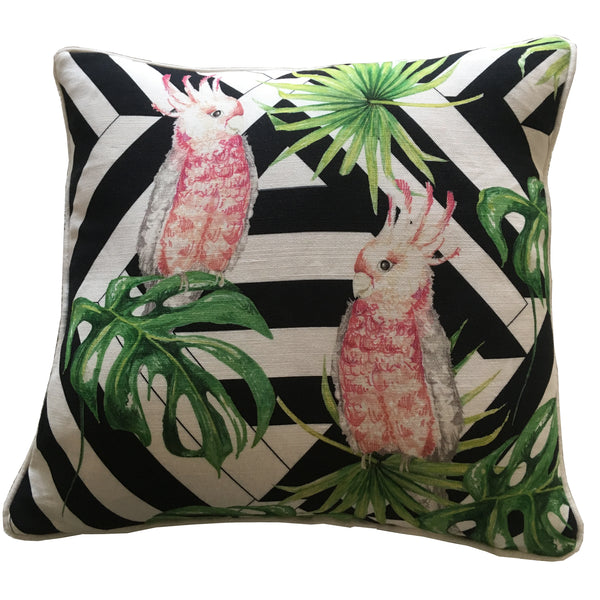 Scatter cushion pillow sofa décor interior cockatoo palm tree print parrot tropical geometric background 100% natural linen with a feather cushion pad modern unique designer 