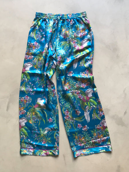 silk pyjamas pyjama bottoms orchis flower print wide leg trouser drawstring waist teal jade colour