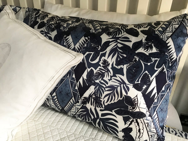 silk pillow case tropical print indigo blue graphic pattern luxury homewear bedding palm geo