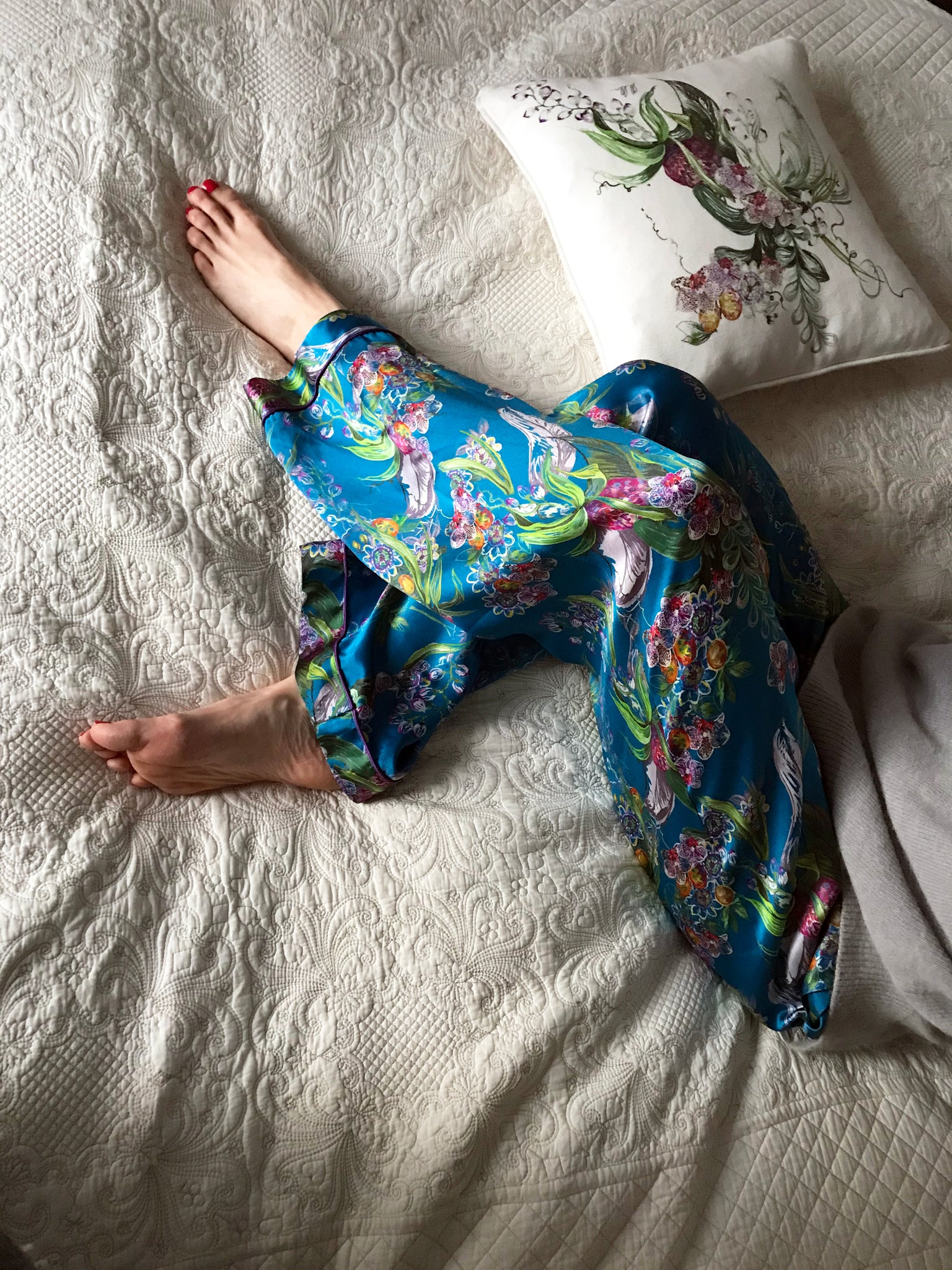 ORCHID FLOWER SILK PYJAMA BOTTOMS