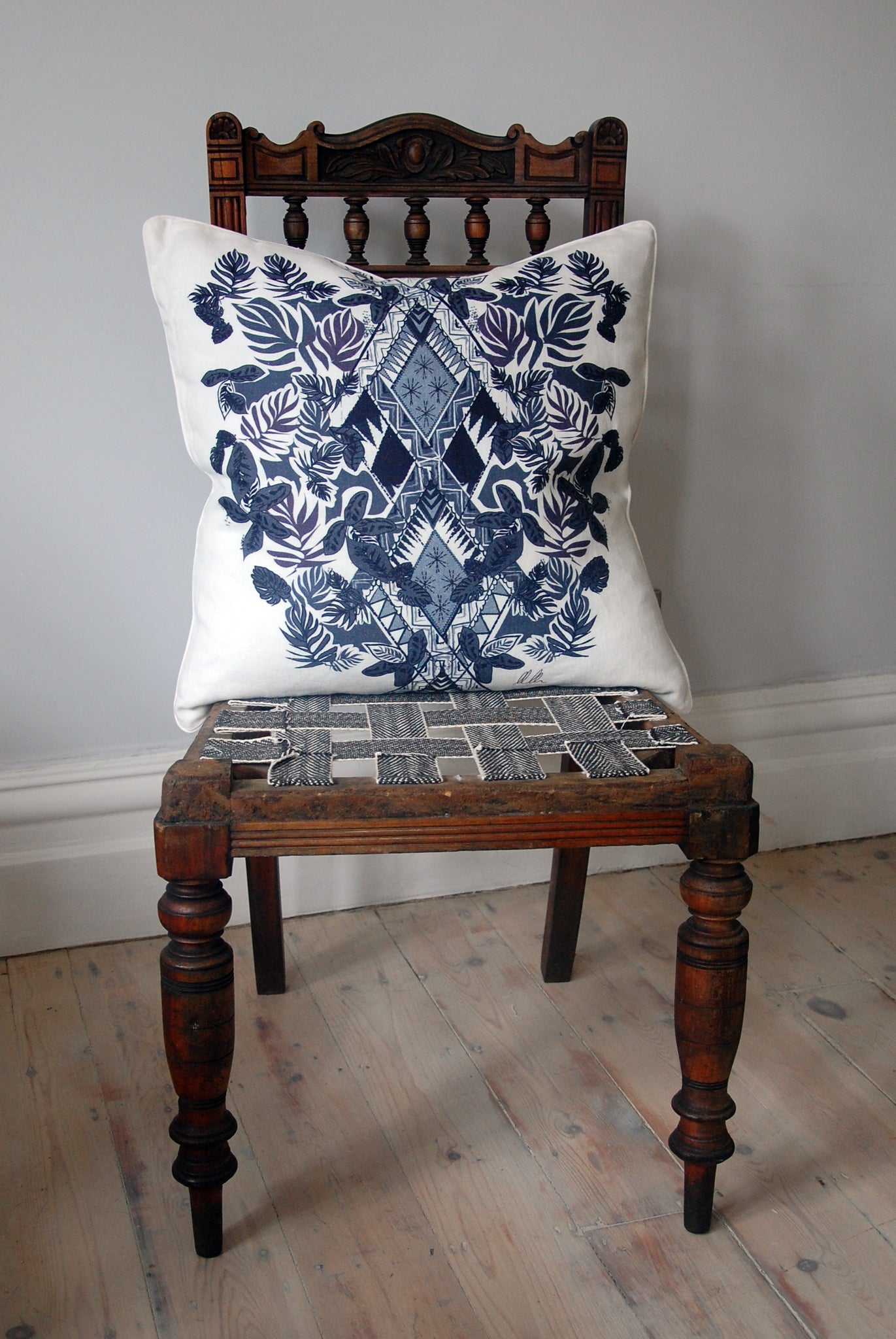 Indigo Geometric Palm Print Linen Cushion