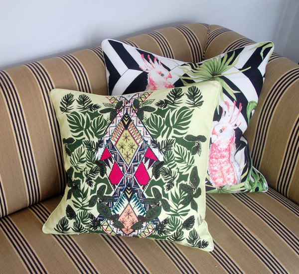 LIME GREEN GEOMETRIC PALM PRINT LINEN CUSHION