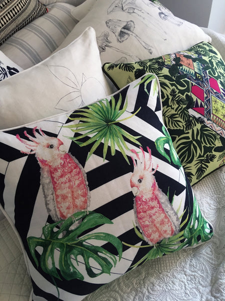 Scatter cushion pillow sofa décor interior cockatoo palm tree print parrot tropical geometric background 100% natural linen with a feather cushion pad modern unique designer 