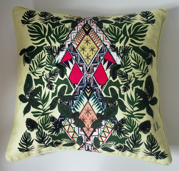 LIME GREEN GEOMETRIC PALM PRINT LINEN CUSHION