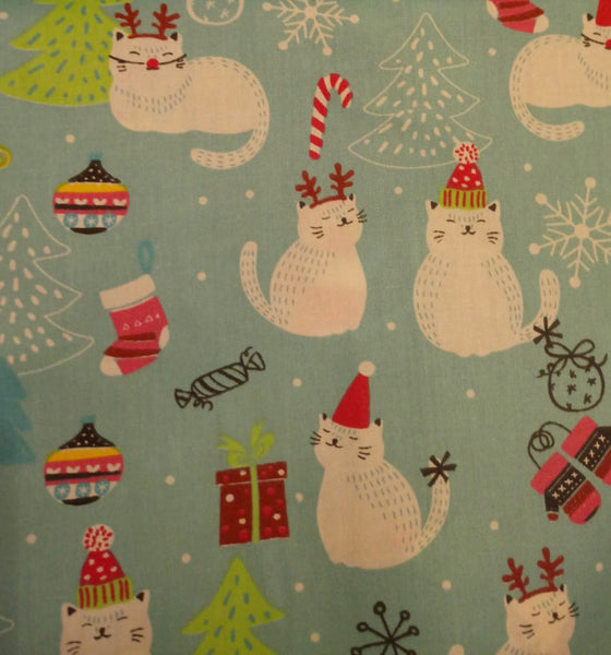 CHRISTMAS PRINT -  Aqua cat novelty - 3 ply washable face mask (nose wire available)