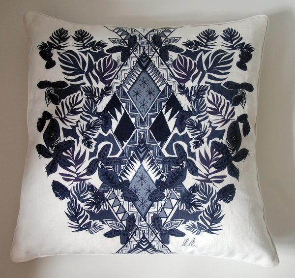 Indigo Geometric Palm Print Linen Cushion