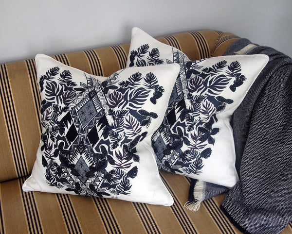 Indigo Geometric Palm Print Linen Cushion