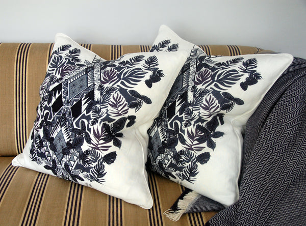 Indigo Geometric Palm Print Linen Cushion