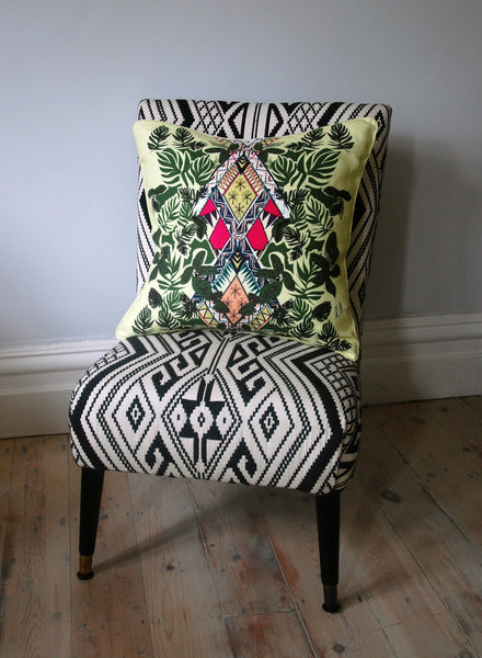 LIME GREEN GEOMETRIC PALM PRINT LINEN CUSHION