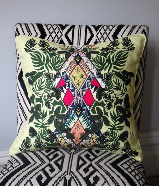 LIME GREEN GEOMETRIC PALM PRINT LINEN CUSHION