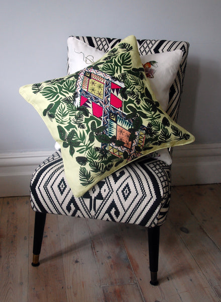 LIME GREEN GEOMETRIC PALM PRINT LINEN CUSHION