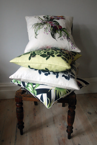 LIME GREEN GEOMETRIC PALM PRINT LINEN CUSHION